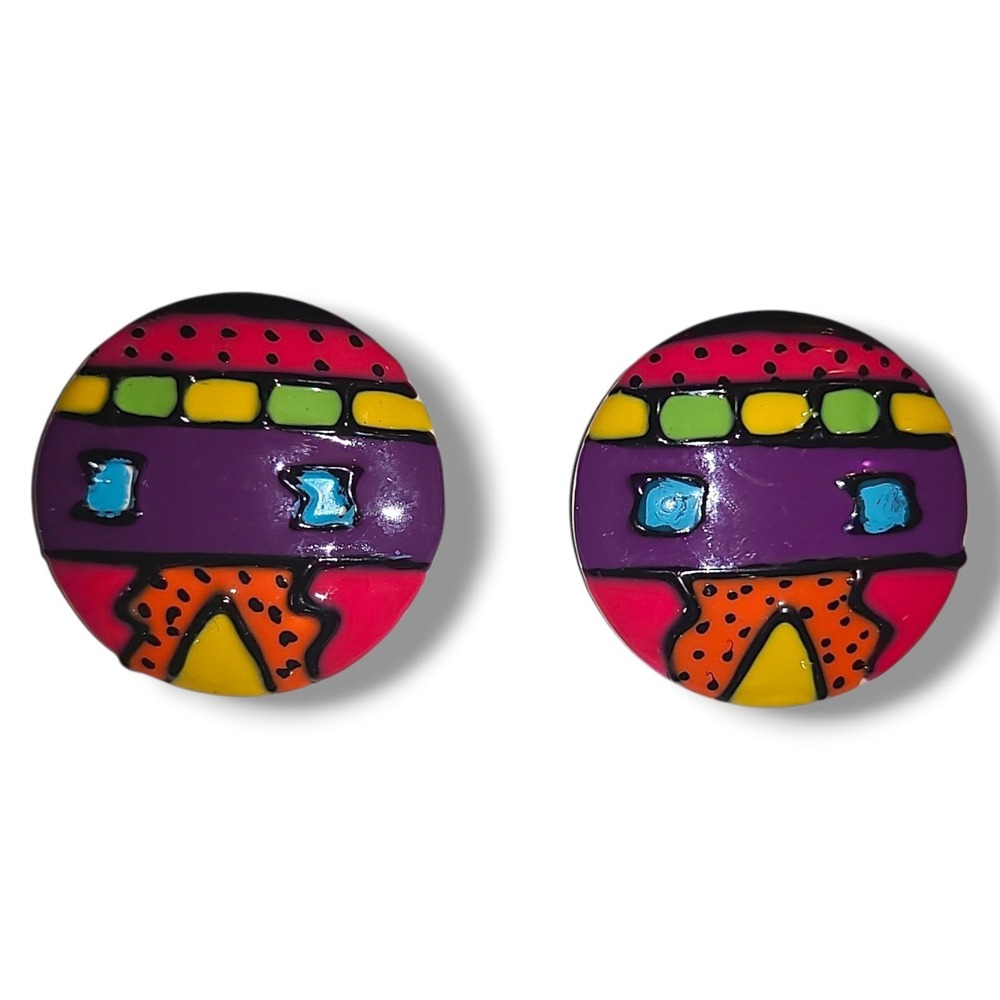 Vintage 80s Hand Painted Statement‎ Earrings Colorful Abstract Pierced